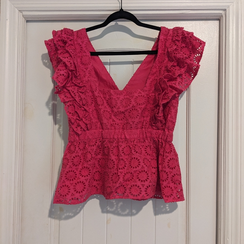 J Crew Collection Fuchsia Eyelet Peplum Top Sz6 - Picture 3 of 4